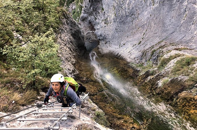 Via Ferrata Rio Ruzza - Starting the technical climb: ropes, two sides, and “close to the water” exposure